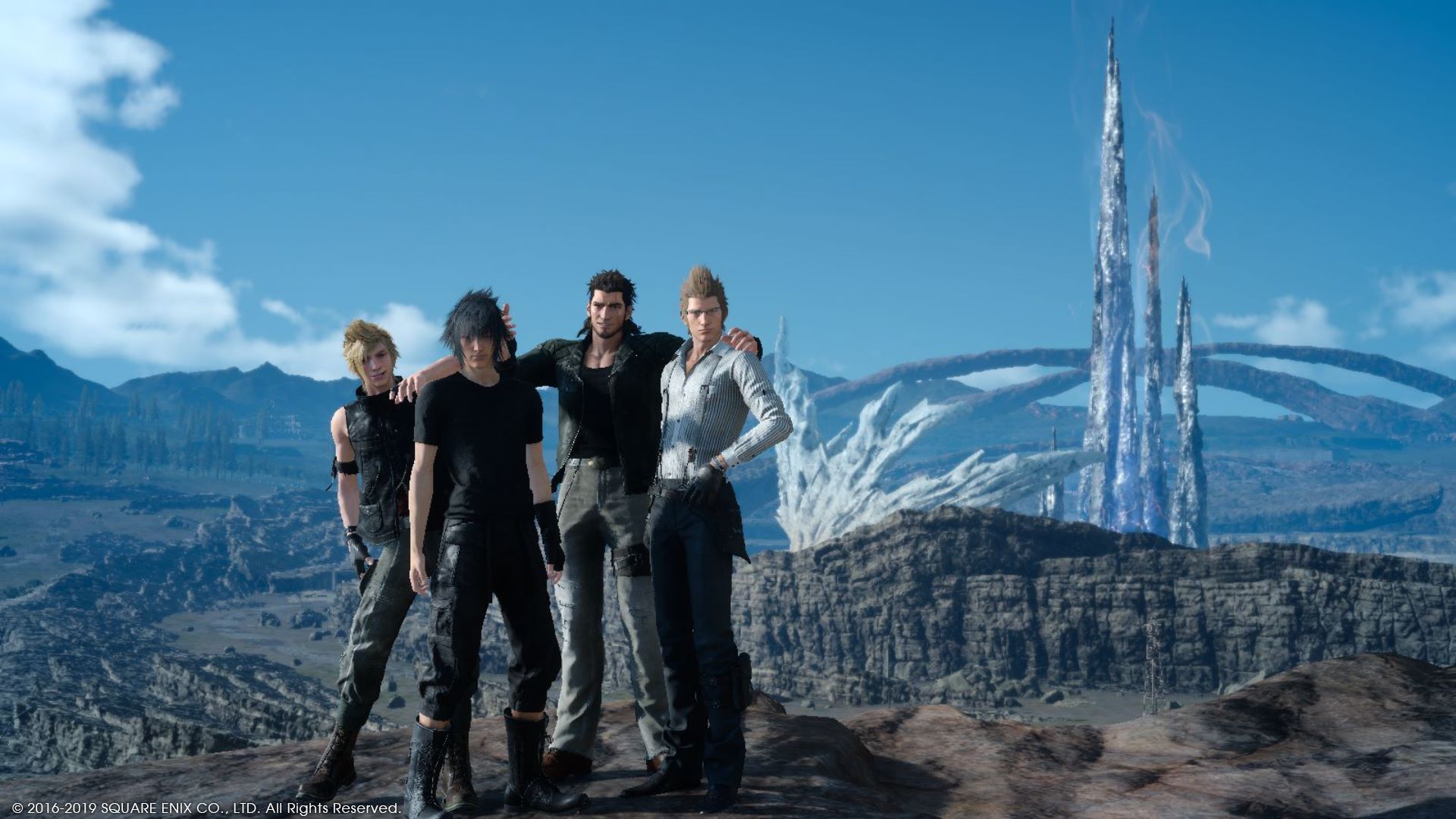 Yeah my dad's dead and my country's being occupied by fascists, but who doesn't have time for a road trip group picture? (Screenshot: Square Enix)
