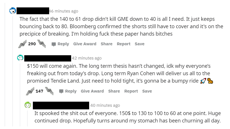 Some WallStreetBets commenters were shook after today's market volatility.  (Screenshot: Reddit, Fair Use)