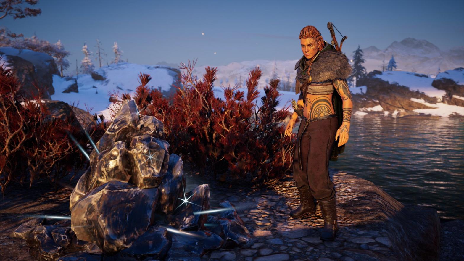 An Eivor and her mysterious, bow-spewing rock. (Screenshot: Ubisoft / Kotaku)