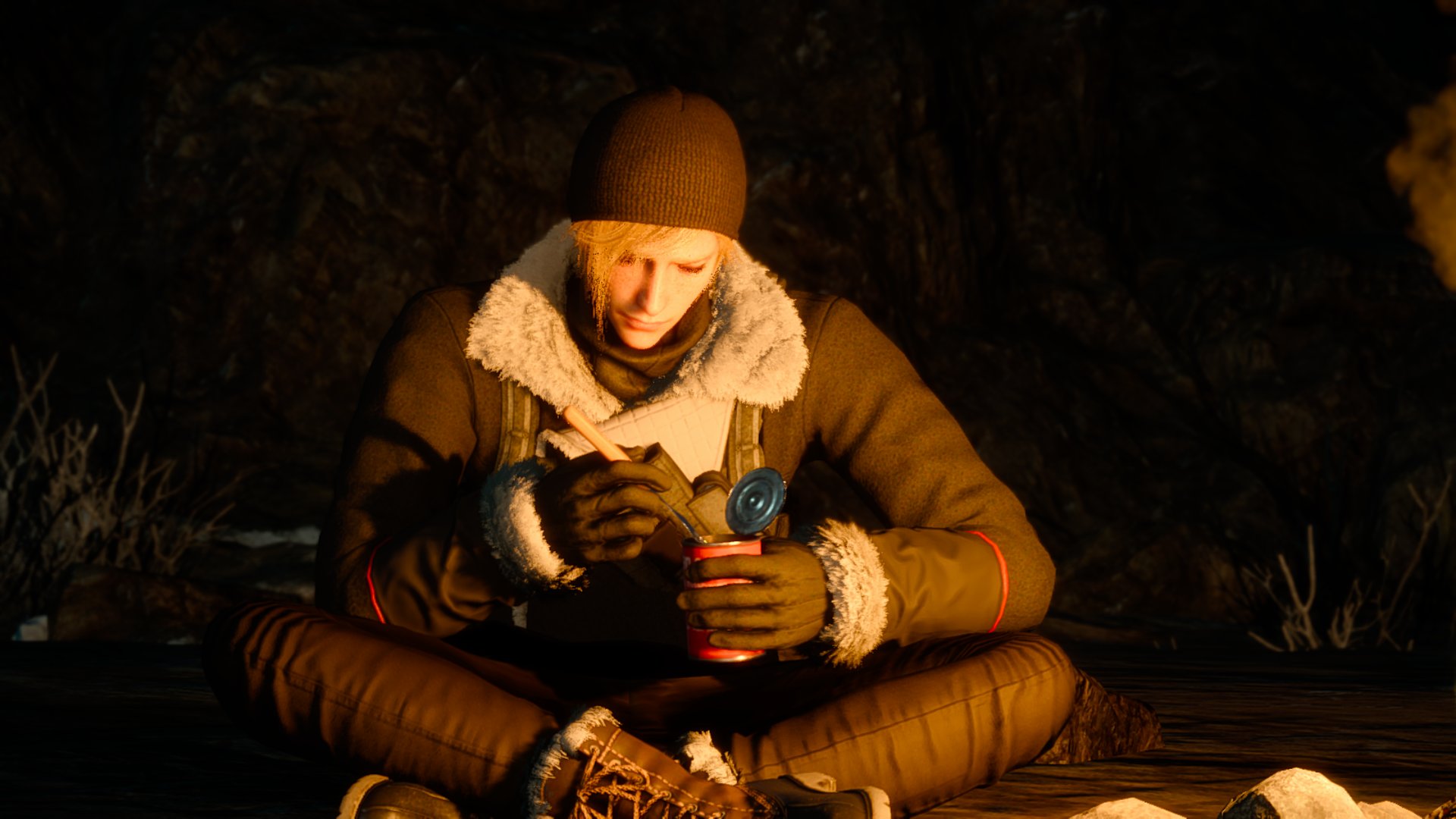 Prompto, sweetie, where did you get the winter gear? What hobo did you murder for those boots. (Screenshot: Square Enix / Kotaku)