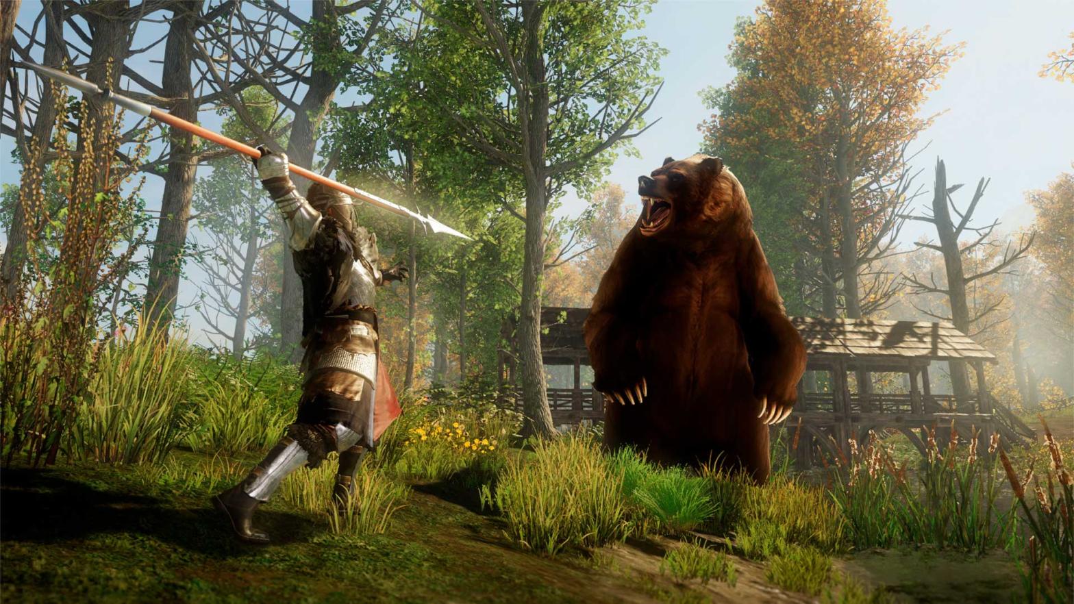 A soldier fights a bear (good luck) in New World. (Screenshot: Amazon Game Studios)