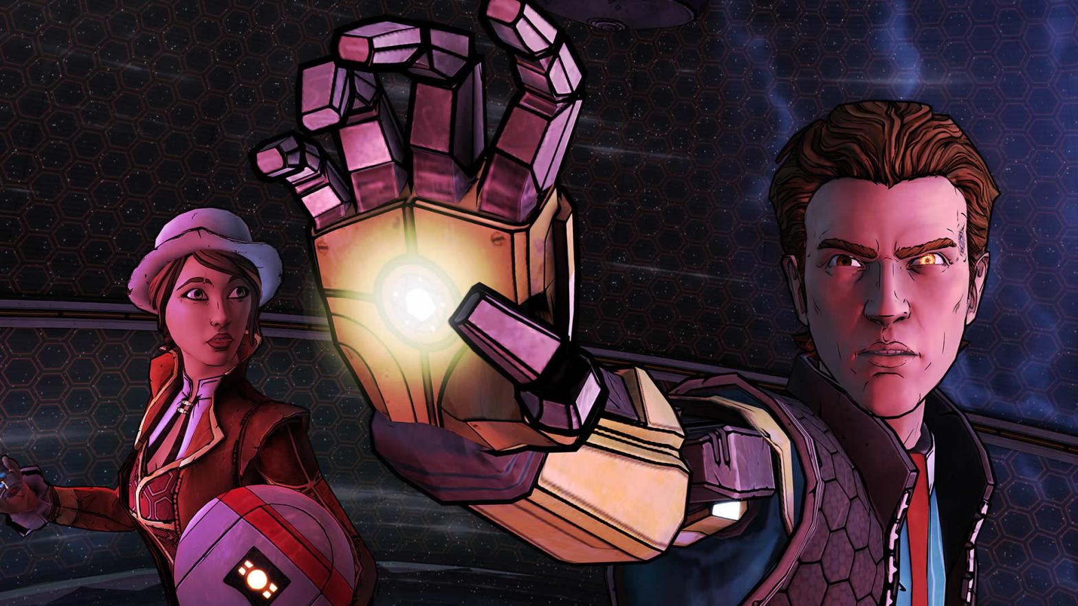 Tales protagonist Rhys (right) eventually appeared in Borderlands 3, but co-star Fiona is still MIA. (Screenshot: Telltale Games / Gearbox)