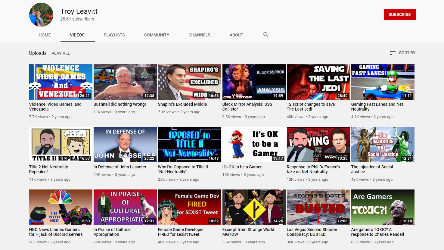 A sampling of Leavitt's YouTube uploads. (Screenshot: YouTube / Troy Leavitt)