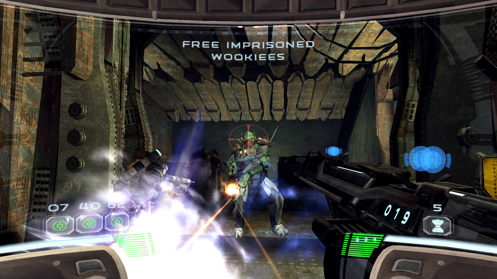 I am once again asking you to please free the imprisoned Wookies..  (Screenshot: LucasFilm Games)