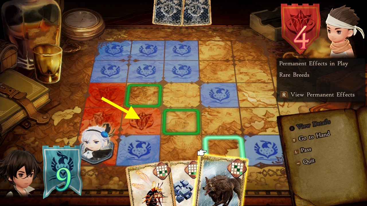 You play as the blue team. Placing this Wolf card would net you four points, as you'd convert that sandwiched red square to your side. (Screenshot: Square Enix / Kotaku)