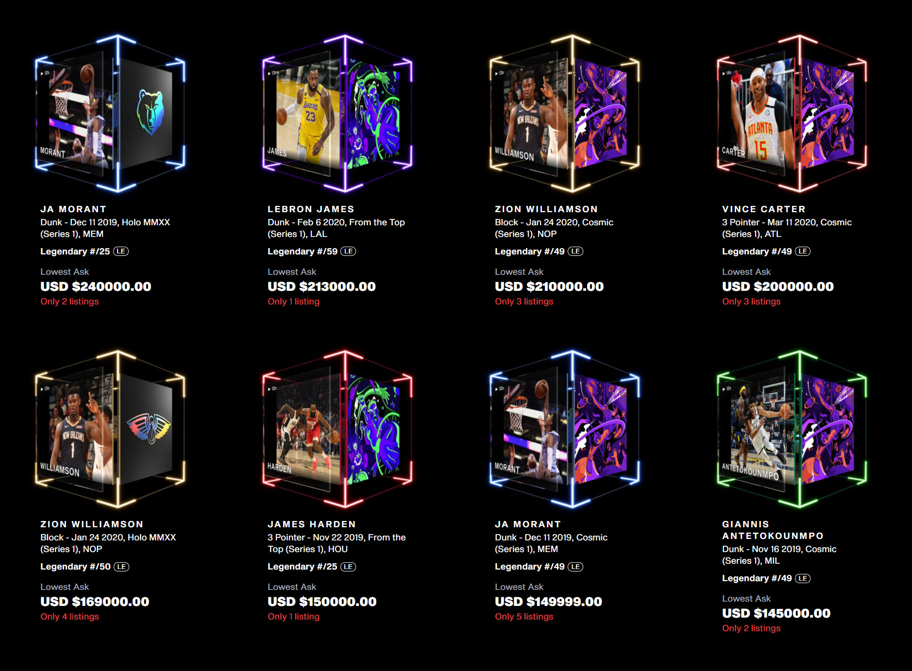 Top Shot's marketplace currently has multiple moments for sale for over USD$200,000. (Image: NBA Top Shot)