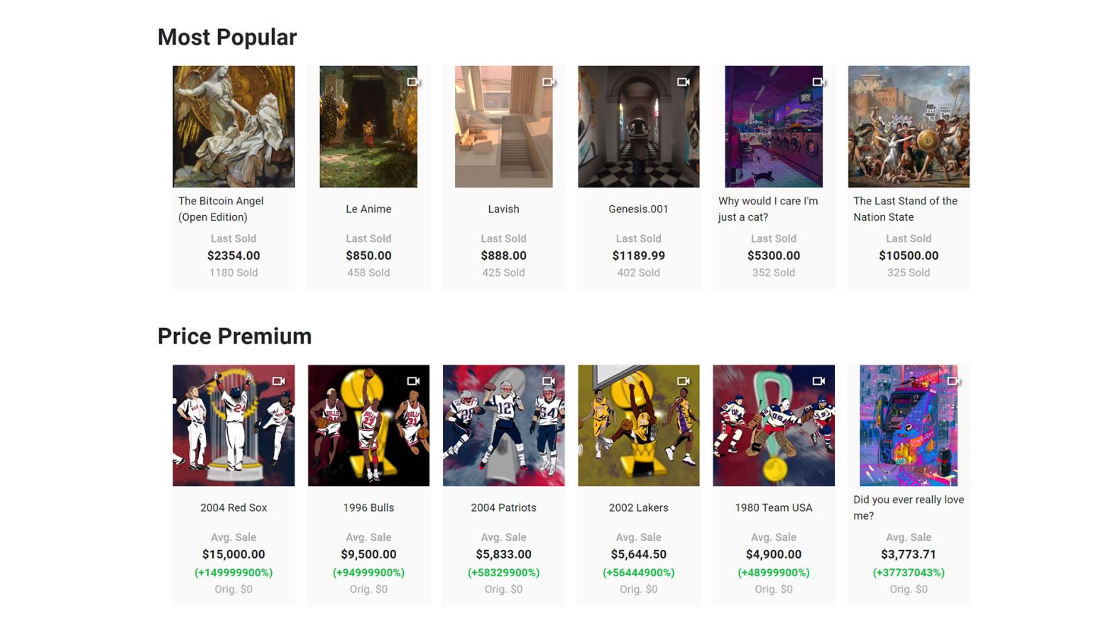 A selection of the latest sales from Nifty Gateway, a crypto art marketplace (Screenshot: Nifty Gateway)
