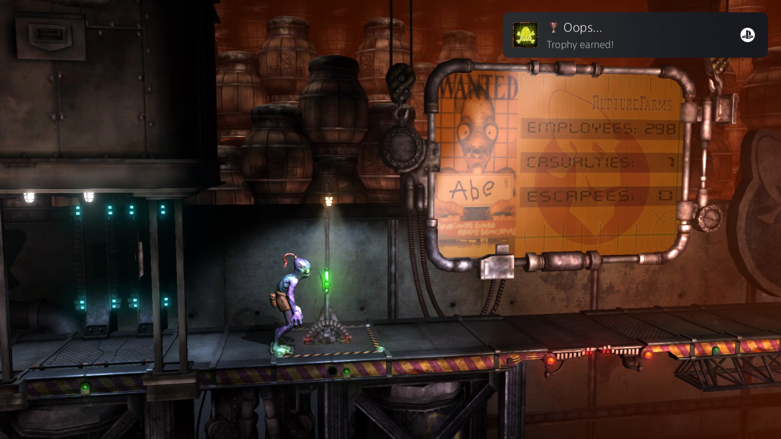 Right after a tutorial about levers, you're given a lever. I couldn't tell it controlled a trap door so I pulled it and accidentally killed the coworker standing over it. Thank goodness for quicksaves. (Screenshot: Oddworld Inhabitants, Inc. / Kotaku)