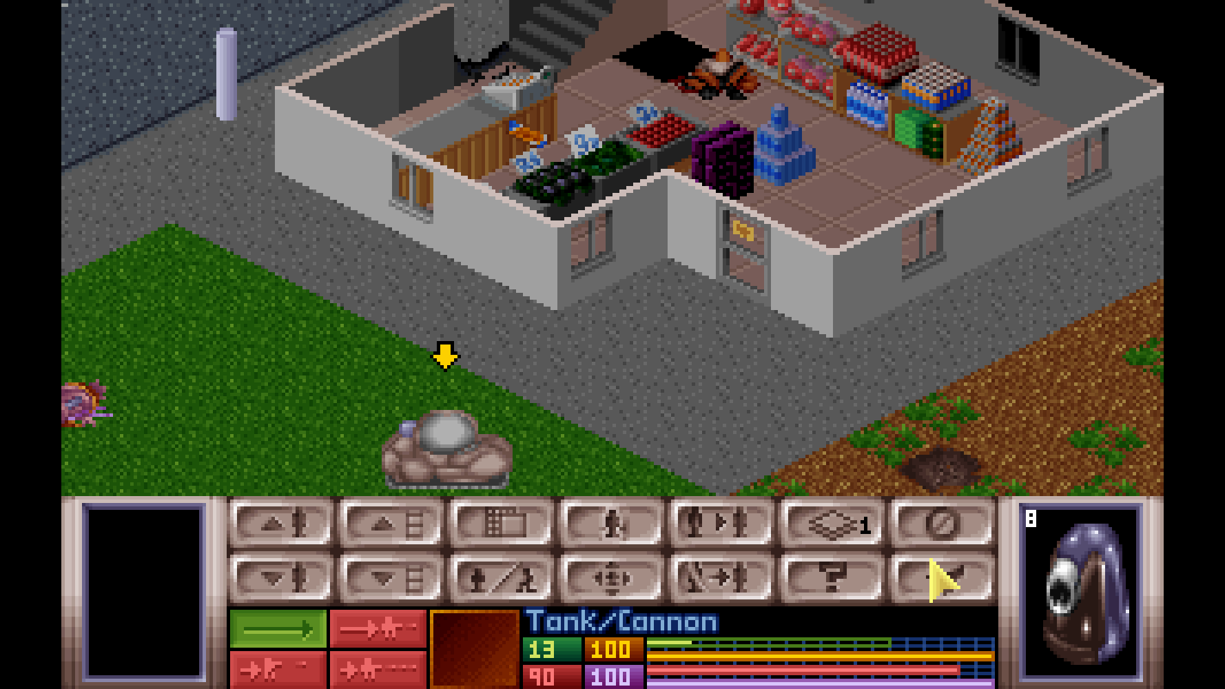 Aliens could hide in structures, but flexible options such as having units crouch and fire heavy weaponry like RPGs to blast walls gave players the strategic tools to conquer them. (Screenshot: MicroProse / MobyGames)