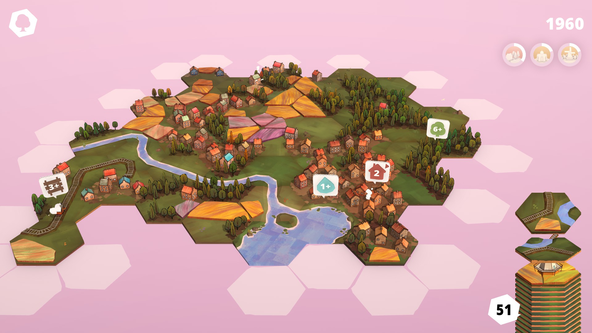 Tiles with plus signs require any number of connecting tiles over the amount, while ones with arrows want exactly that amount. I don't think I ever found those exactly two houses. (Screenshot: Toukana Interactive / Kotaku)