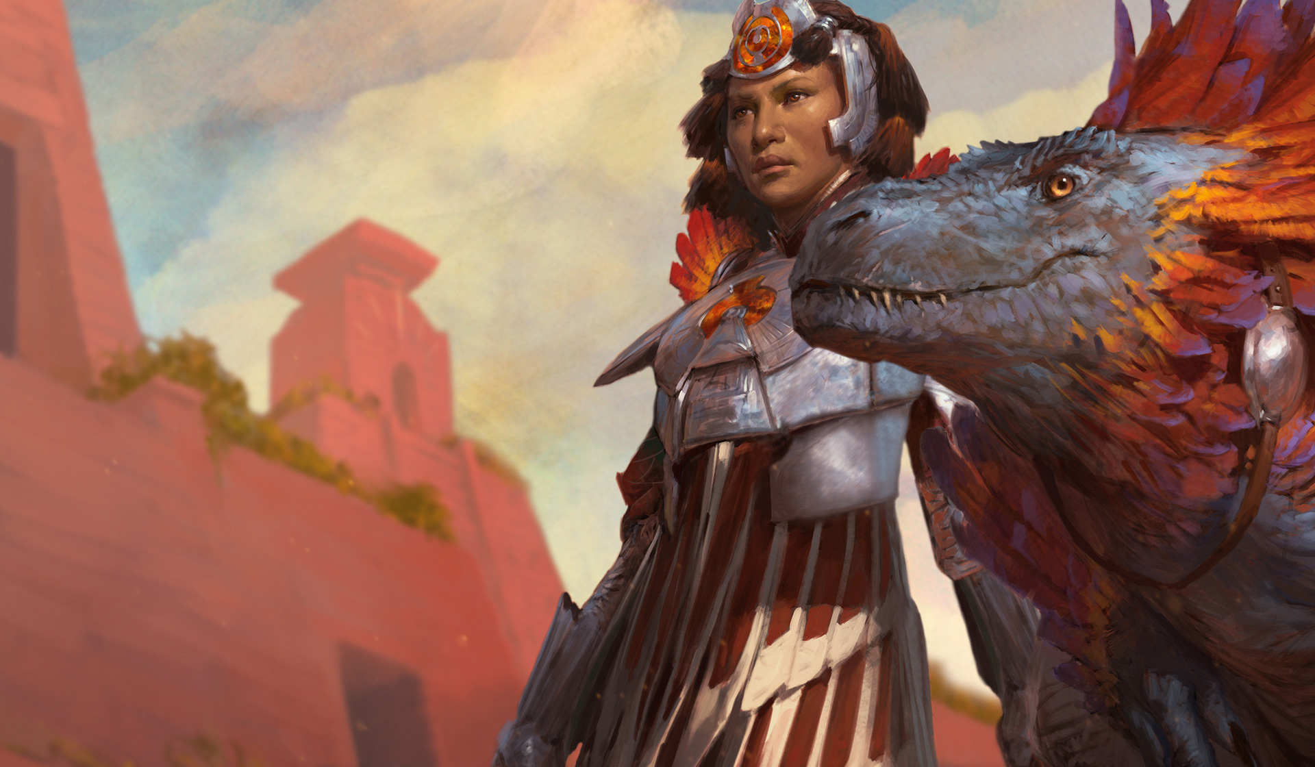 This is Huatli, she is a dinosaur knight. I repeat: A dinosaur. Knight. Magic can be really cool sometimes. (Image: Tyler Jacobson / Wizards of the Coast)