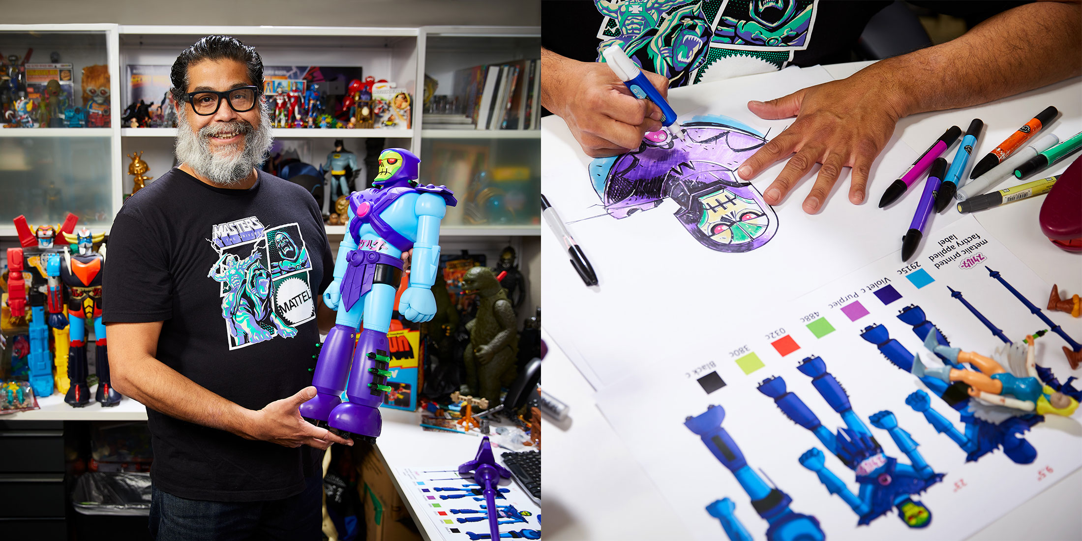 Left: Ruben Martinez and his creation. Right: Forget the right, look how happy Ruben is with his Skeletor.  (Photo: Mattel Creations)