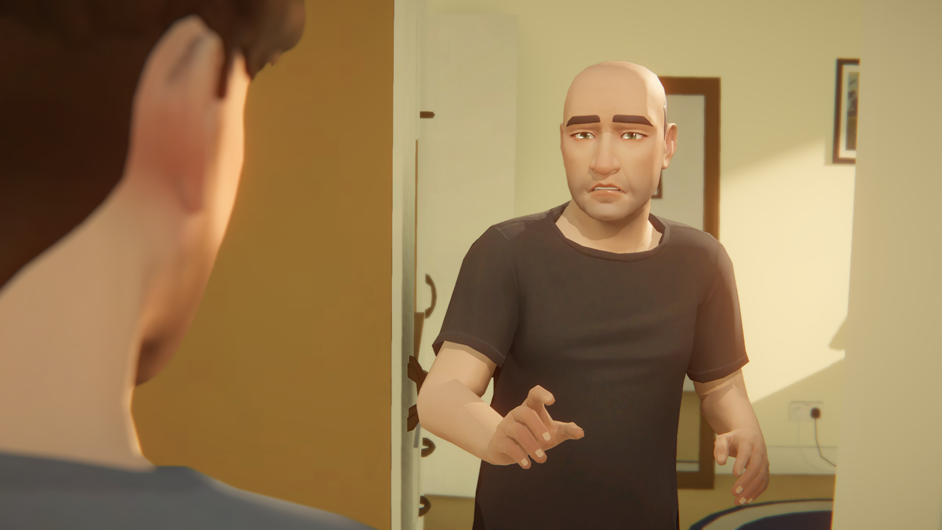 John (right), face-to-face with the body he will one day inhabit. (Screenshot: Variable State / Annapurna Interactive)