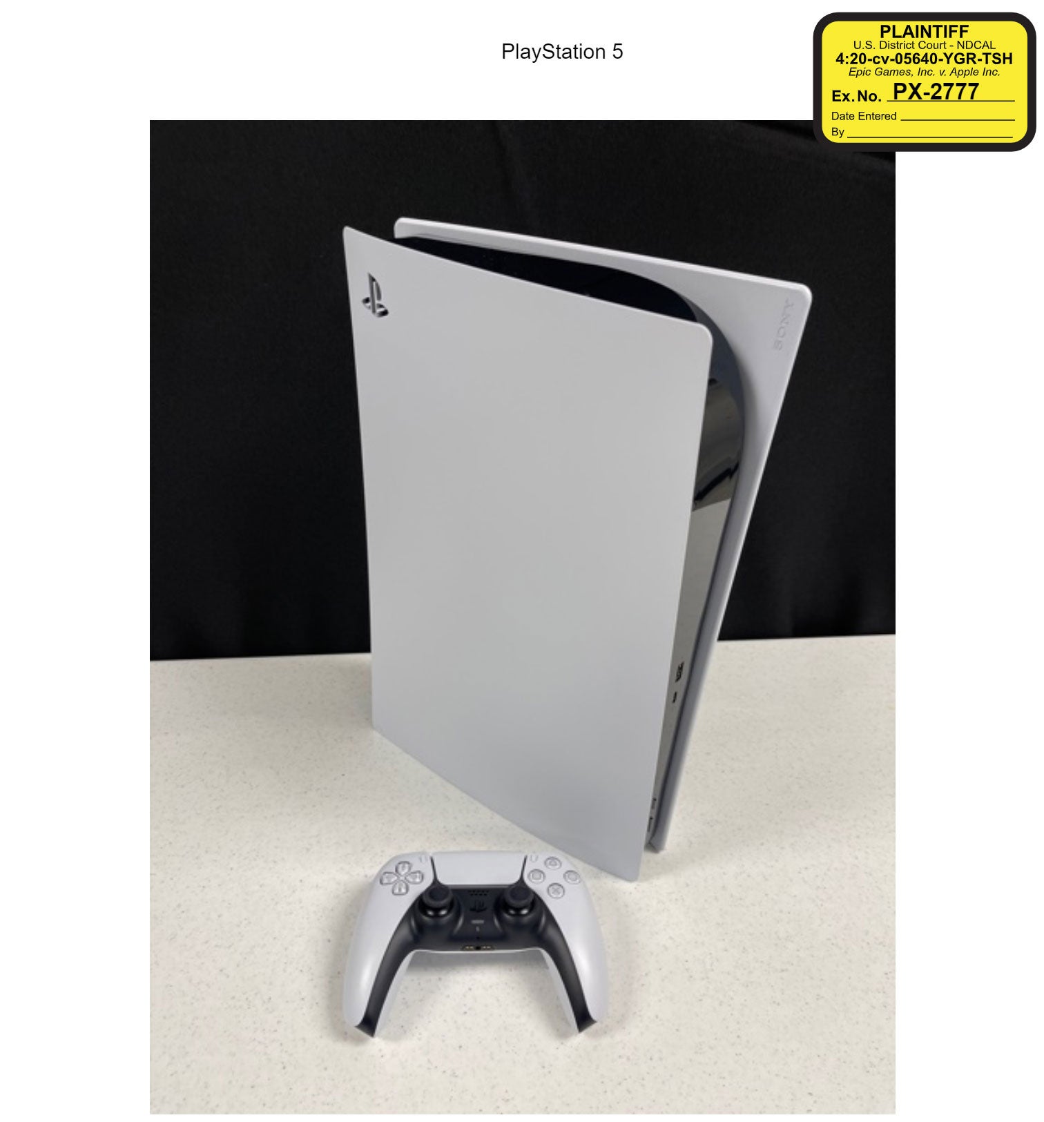 This is the actual PS5 from the case, exhibit PX-2777. No word on whether it was won in a raffle or bought on resale. (Photo: Epic vs Apple)