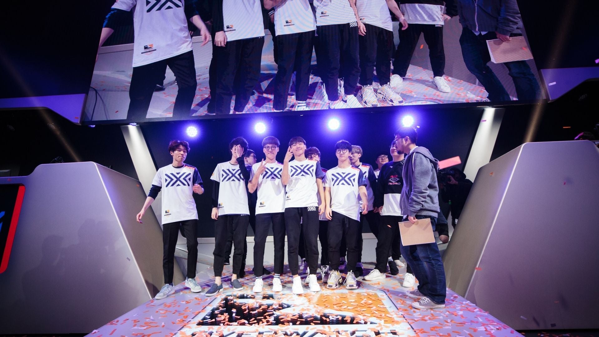 Park (far left) celebrates with his team after winning the Overwatch League Stage Three Championship tournament. (Photo: Blizzard Entertainment)