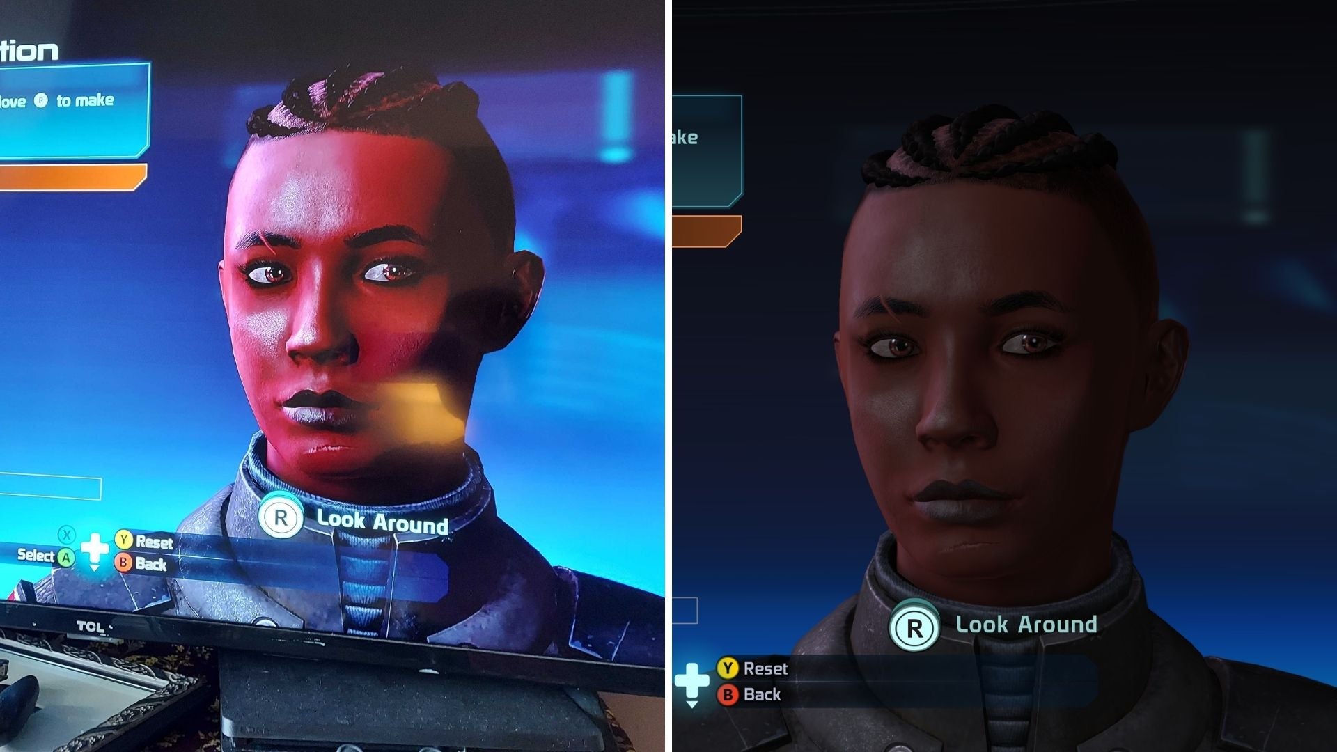 On my computer screen, Shepard looks fairly normal. On TV, she's a tiefling. Also, what's up with those cornrows? (Screenshot: BioWare / Kotaku)
