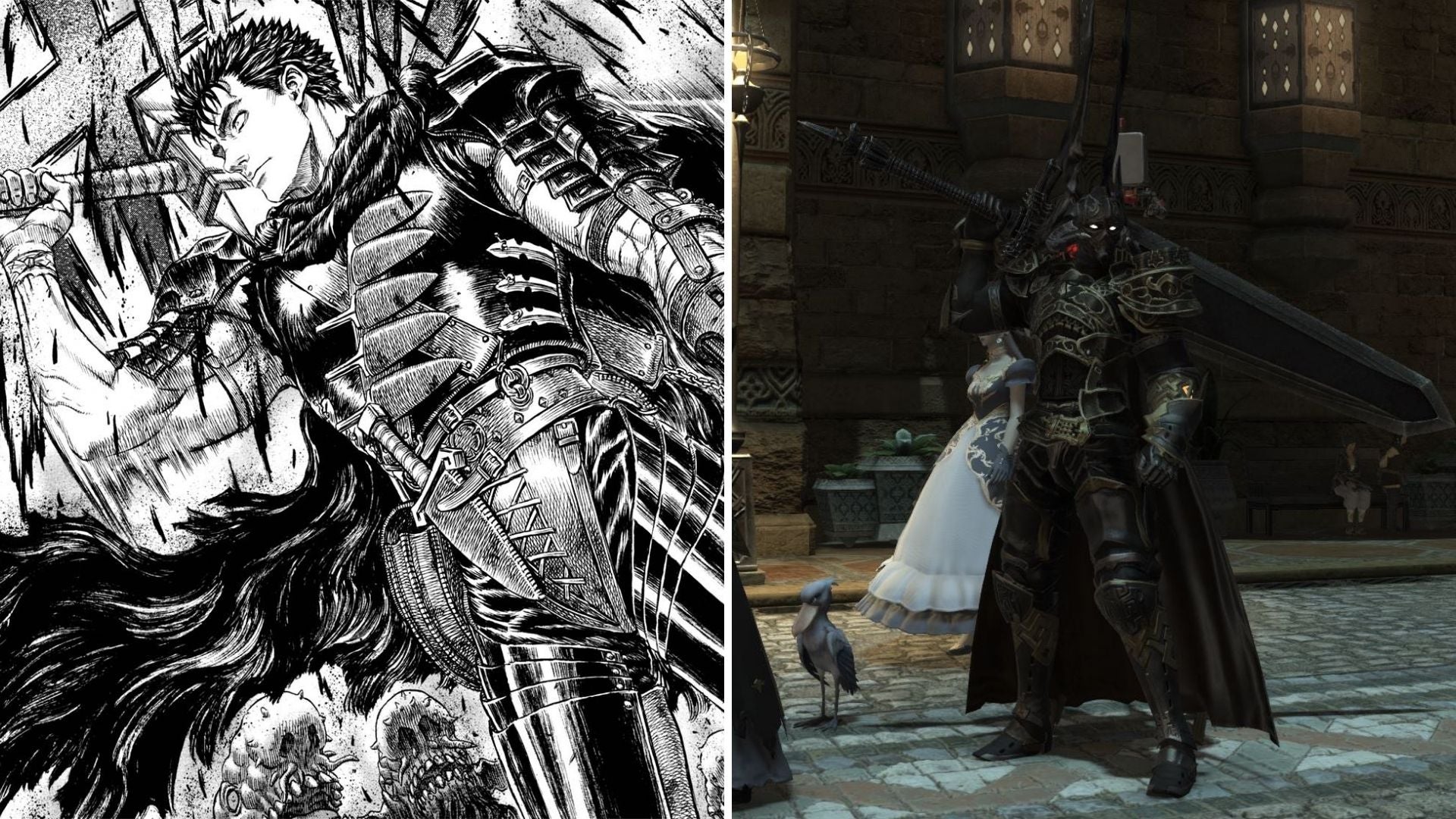 It's easy to see the influence between Guts and FF14's Dark Knight class. (Image: Hakuensha / Square Enix / Kotaku)