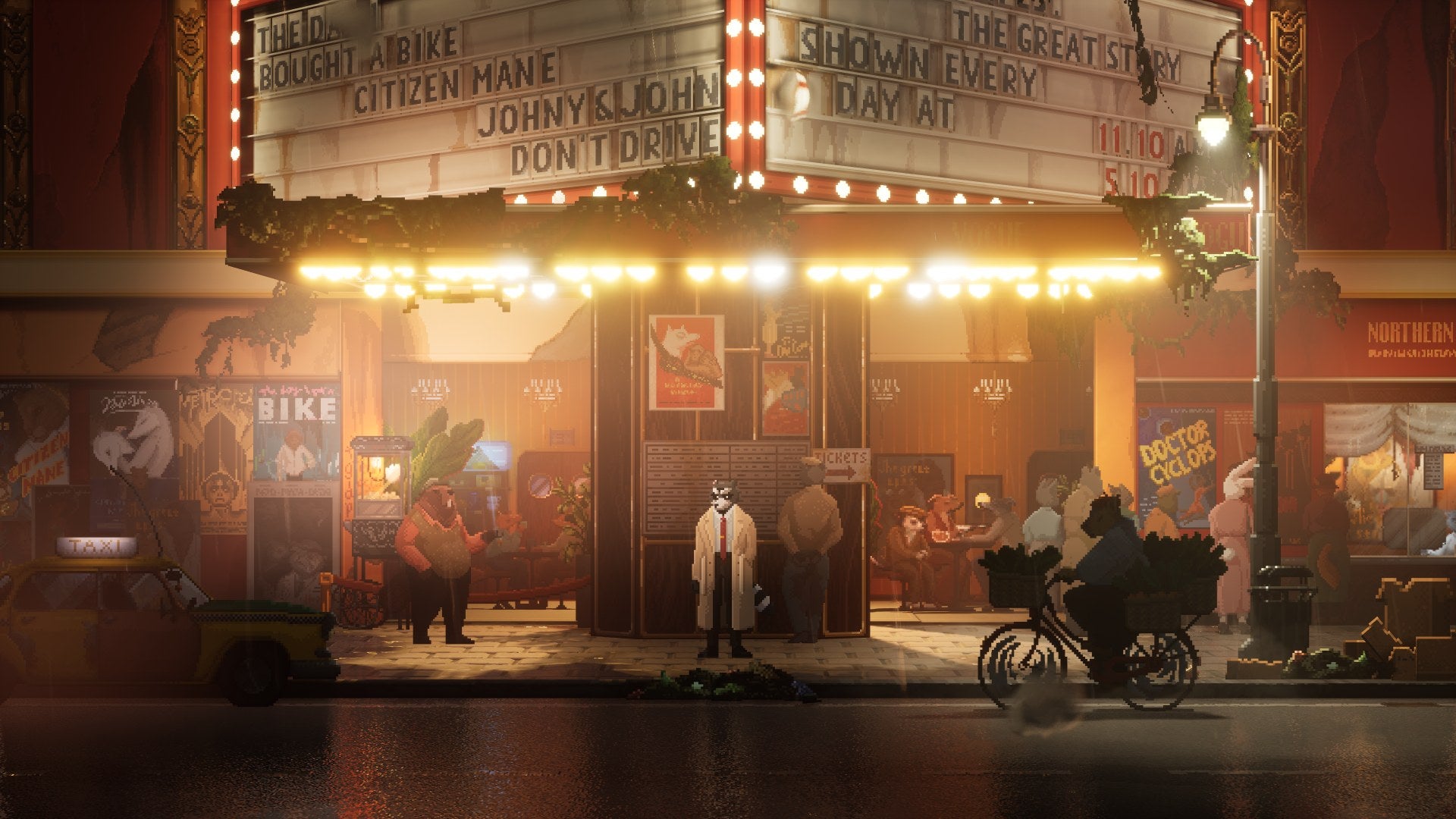 Howard on the case in a gorgeous depiction of Vancouver's Granville Street. (Screenshot: Raw Fury)