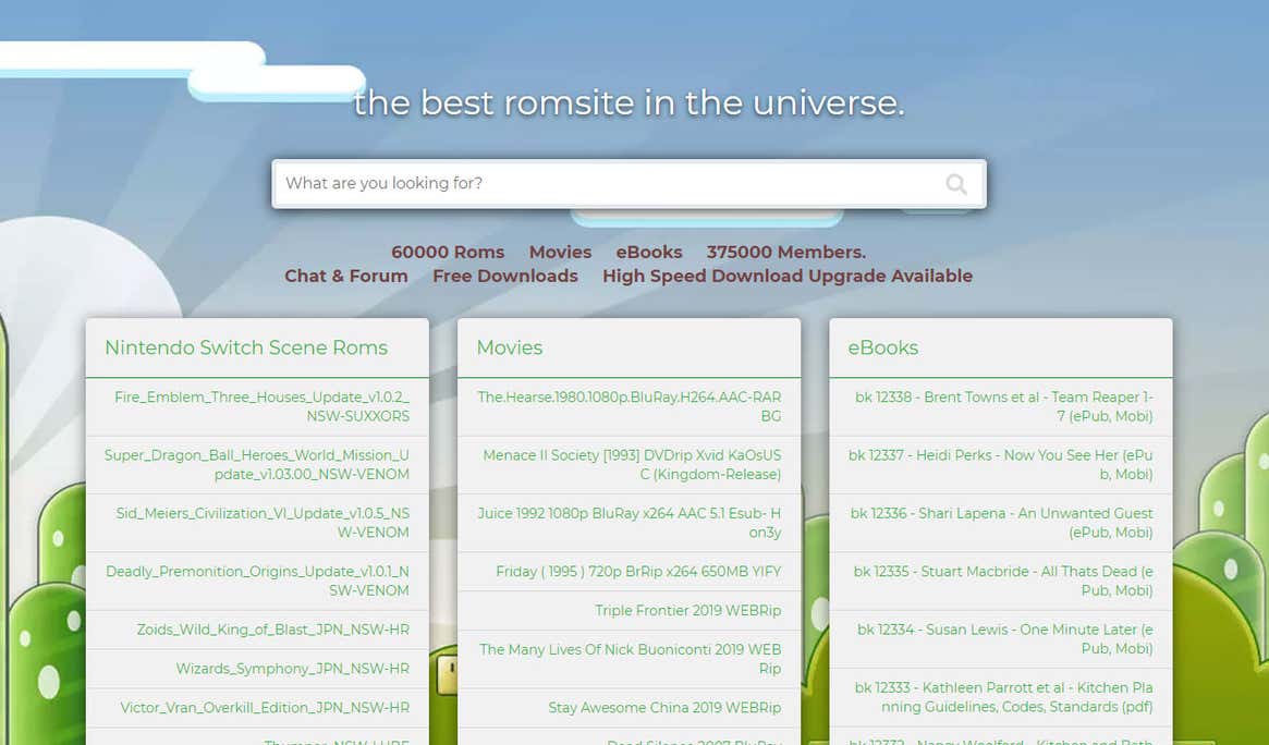 RomUniverse as it appeared in 2019, hosting not just Nintendo ROMs but also pirated movies and books. (Screenshot: Kotaku)
