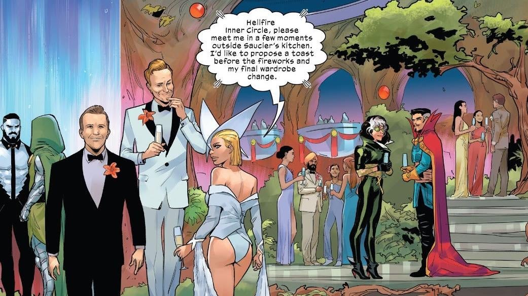 Emma Frost making sure everyone gets a good look at her second look of the evening before she changes again. (Image: Matto Lolli, Edgar Delgado, Cory Petit/Marvel)