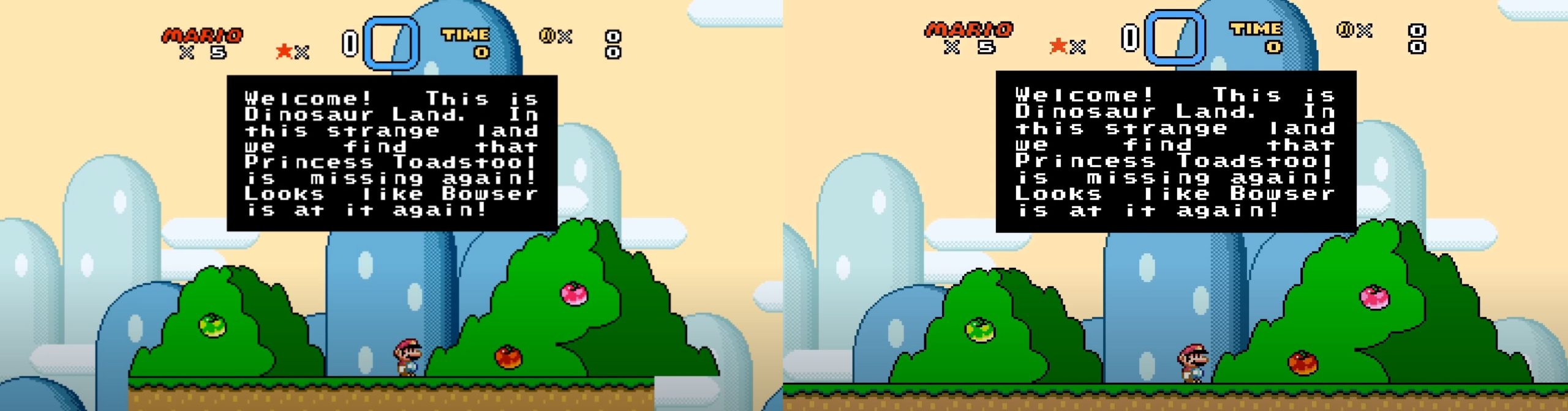 Left: playing SMW using a regular widescreen mod | Right: playing SMW on this custom widescreen release (Screenshot: Kotaku)