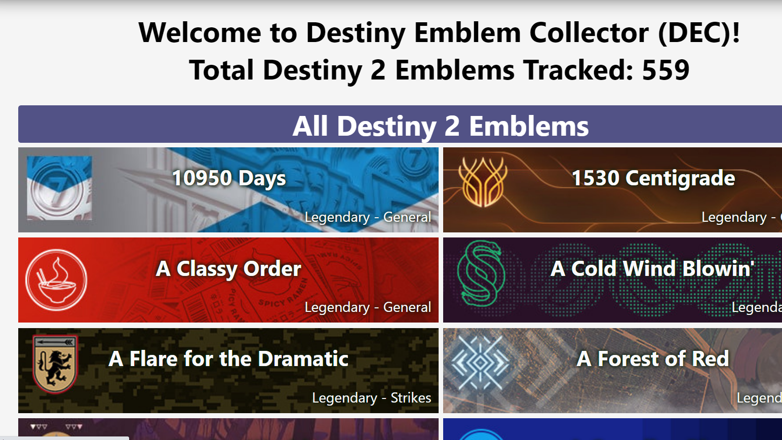 Destinyemblemcollector.com is one of the sites that tracks new emblems added to the game using Destiny 2's API.  (Screenshot: DestinyEmblemCollector.com / Kotaku)