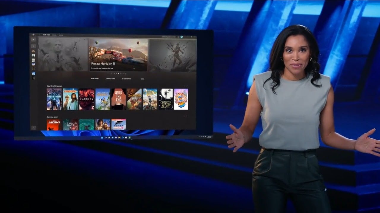 Xbox exec Sarah Bond talks Windows 11 gaming. (Screenshot: Microsoft / Kotaku)