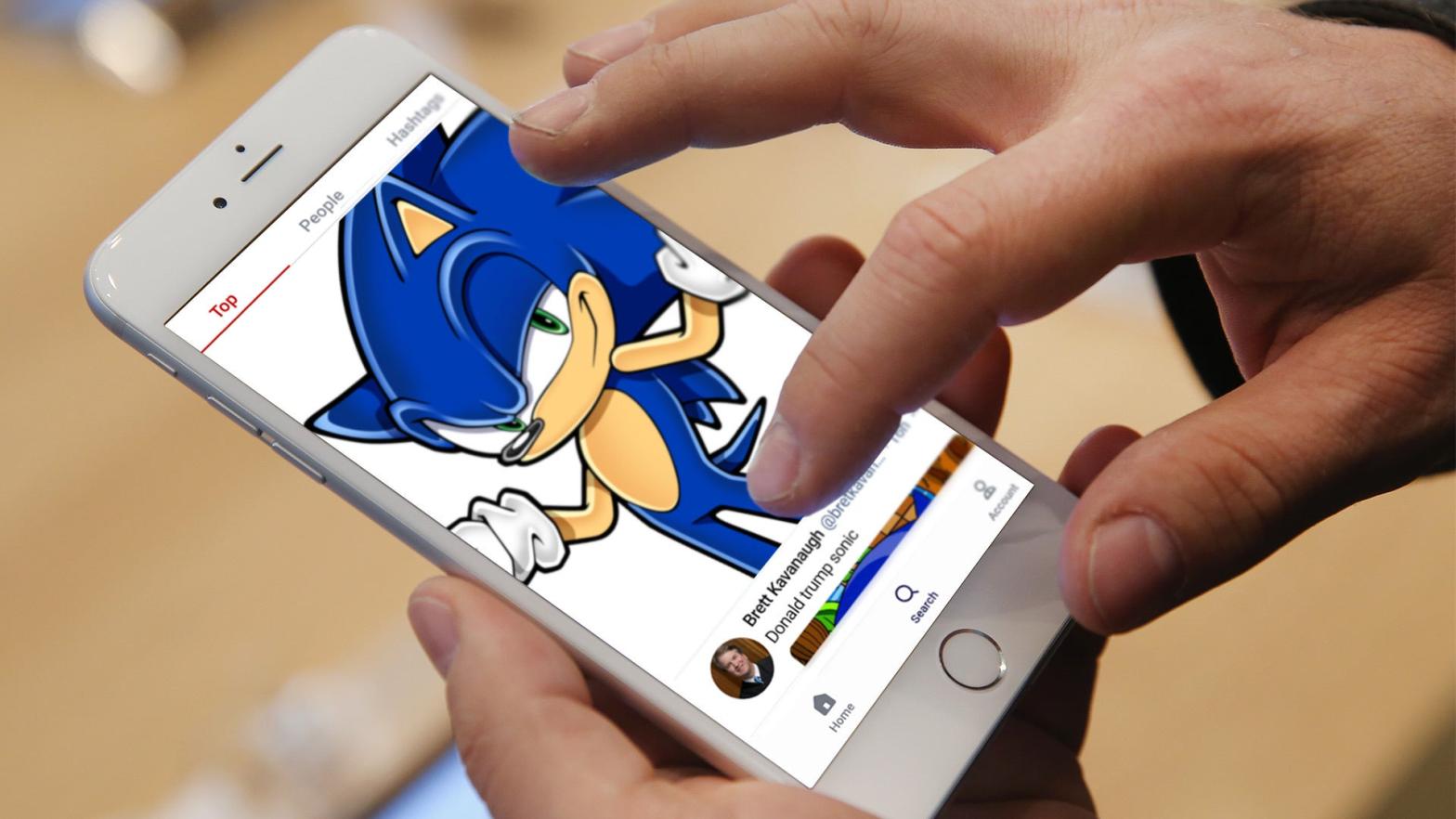 Sonic memes and a wide variety of other shitposts are flooding the just-launched conservative microblogging platform GETTR. (Image: GETTR / Sega / Kotaku / Sean Gallup, Getty Images)