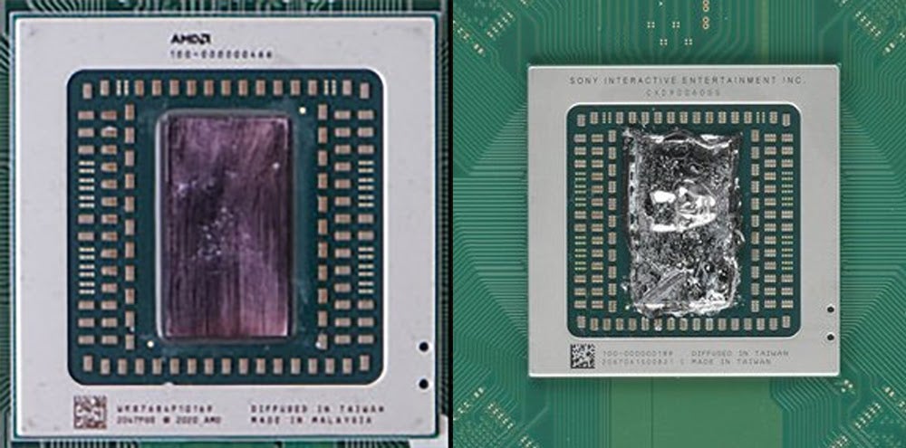 Left: AMD's 4700S CPU from <em>Bodnara</em>. Right: The PS5's custom Zen 2 CPU from <em>iFixit</em>. (Photo: Bodnara / iFixit)