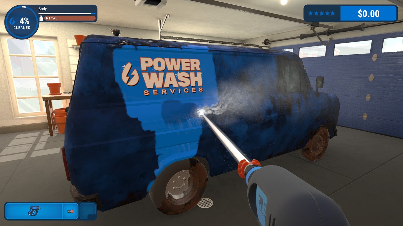 The first job in PowerWash Simulator is cleaning this horrible van. You gotta get those tires.  (Screenshot: FuturLab)