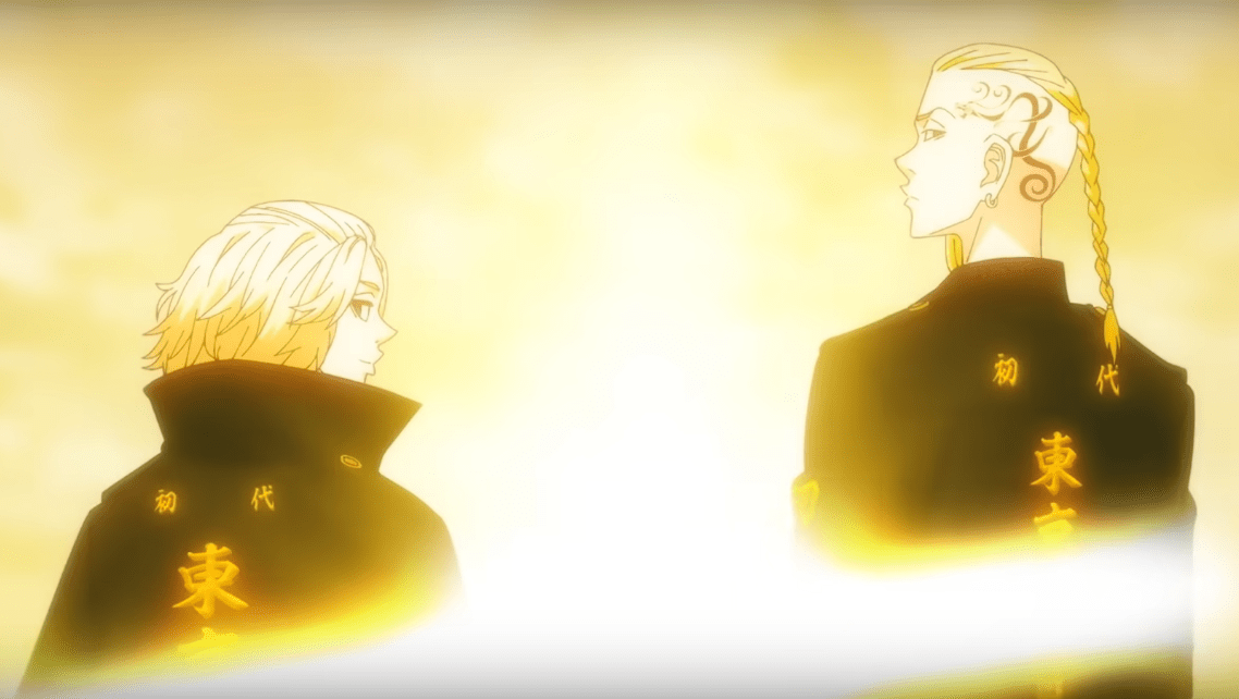A burst of light is used to obscure the manji symbol on the jackets.  (Screenshot: Crunchyroll)