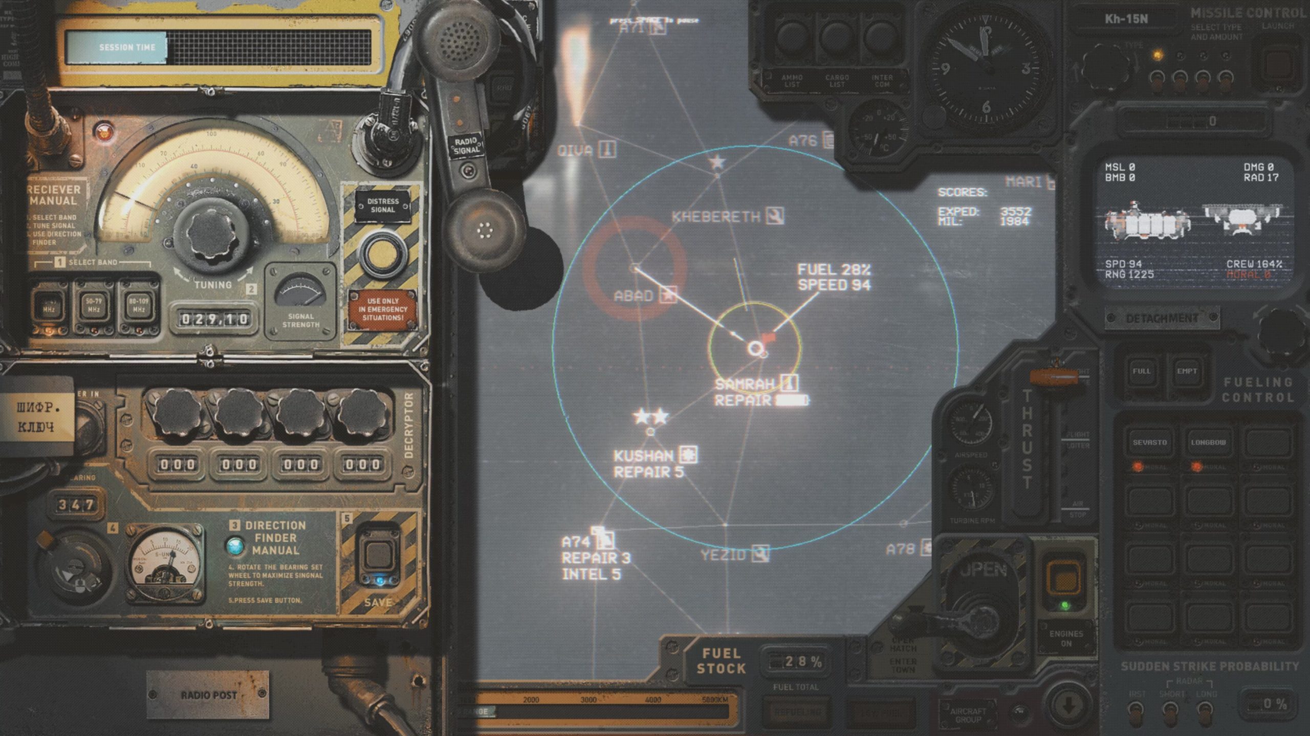 This is the game's main command station. Nearly every button does something, and basically serves as a very fancy, very chunky menu screen. (Screenshot: Highfleet)