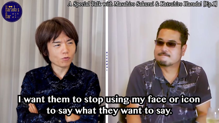 Masahiro Sakurai doesn't seem thrilled with being misquoted, even for an online joke. (Screenshot: Harada’s Bar/YouTube)