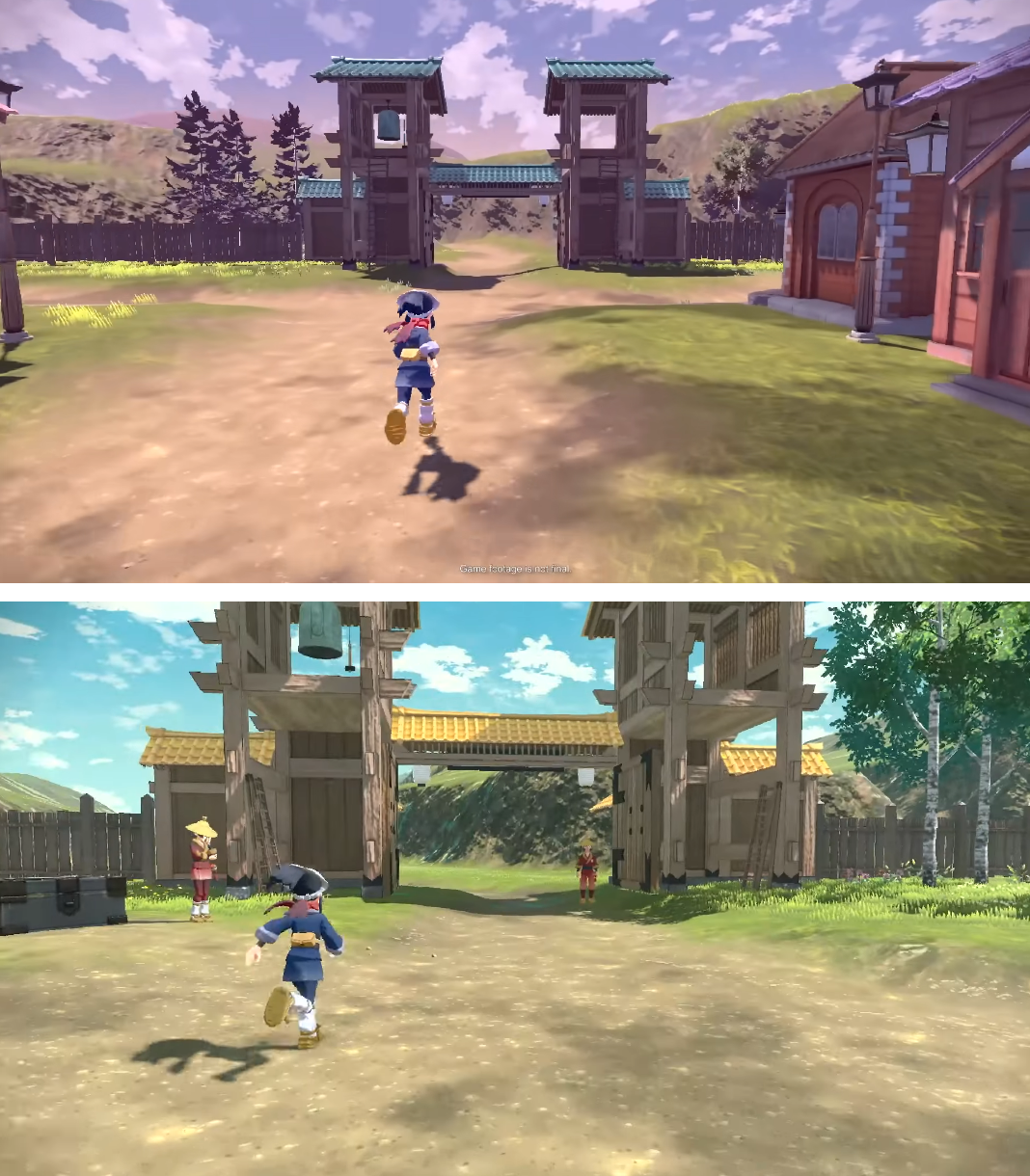   Arceus's hub village as shown in the first trailer (top) vs. the second one (bottom).  (Screenshot: The Pokémon  Company)