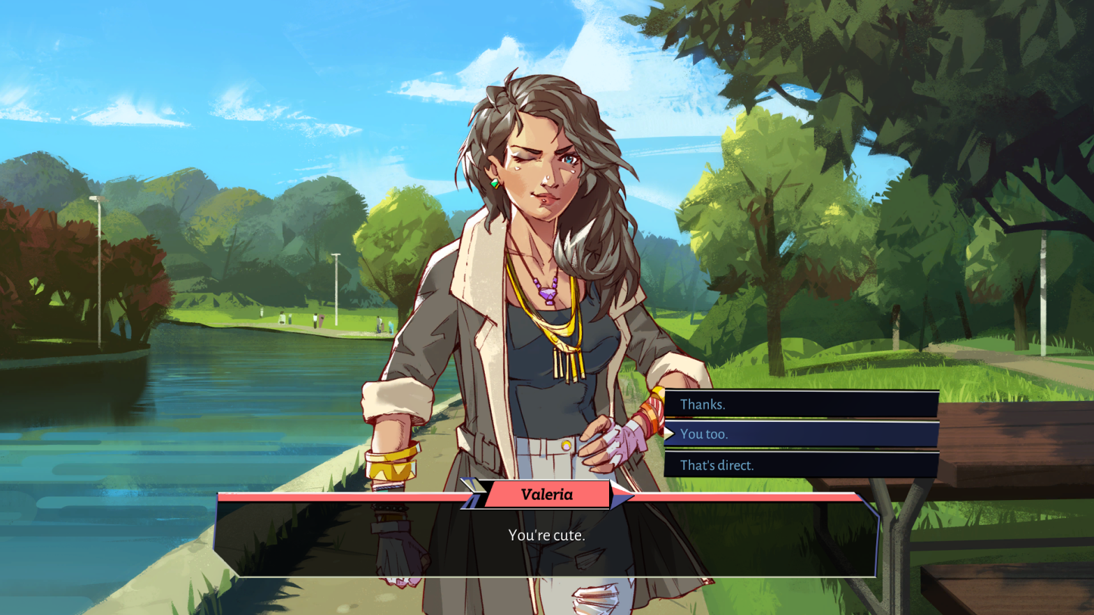 This is my wife, Valeria. This piece isn't about her, I just think she's neat. (Screenshot: Kitfox Games)