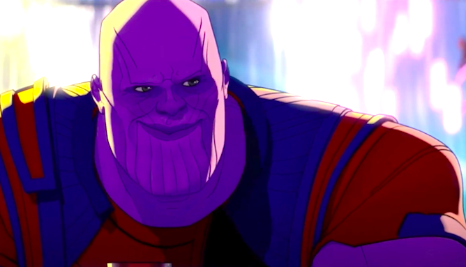 Thanos having a drink in his animated form in Disney and Marvel's What If series. (Screenshot: Disney+/Marvel)
