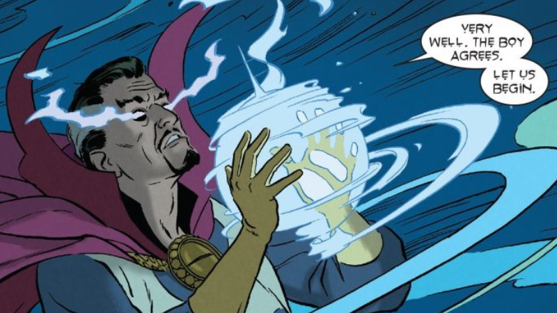 Doctor Strange begins the spell that will wipe Peter Parker's public identity from the world. (Image: Paolo Rivera and Joe Caramagna/Marvel Comics)