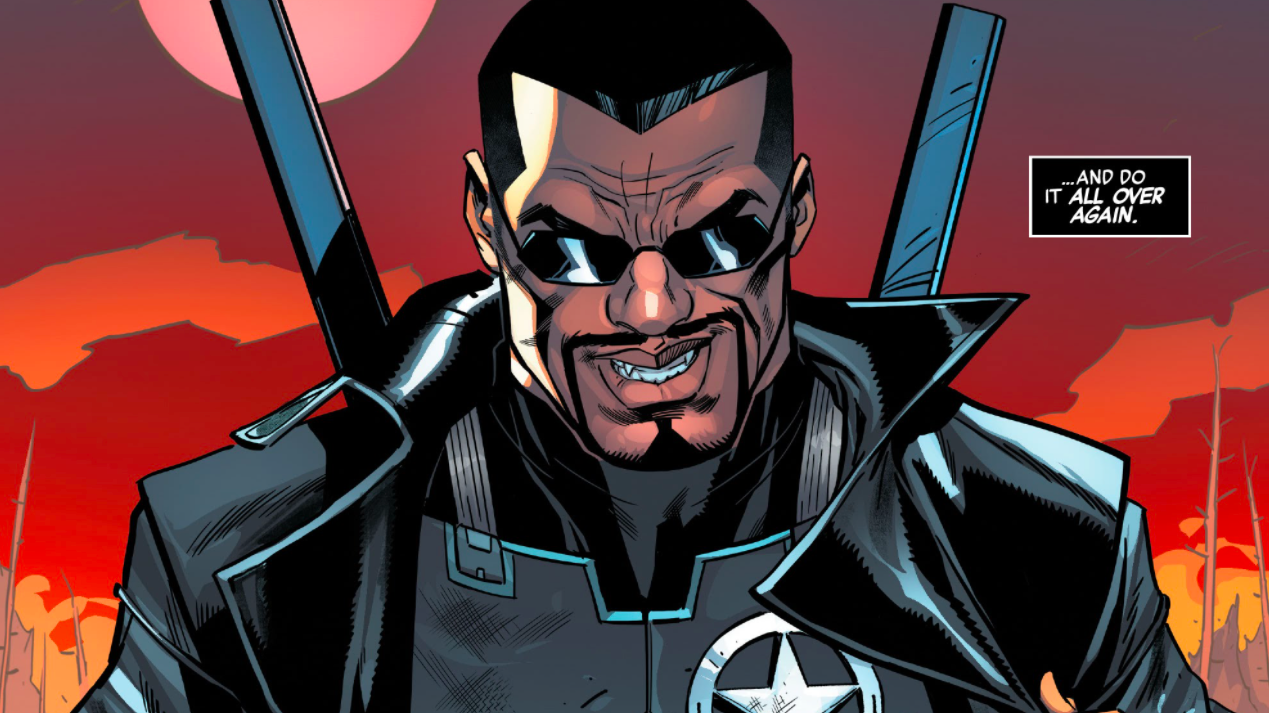 Blade introducing himself as the new sheriff of vampire town. (Image: Luca Maresca, David Curiel, Cory Petit/Marvel)
