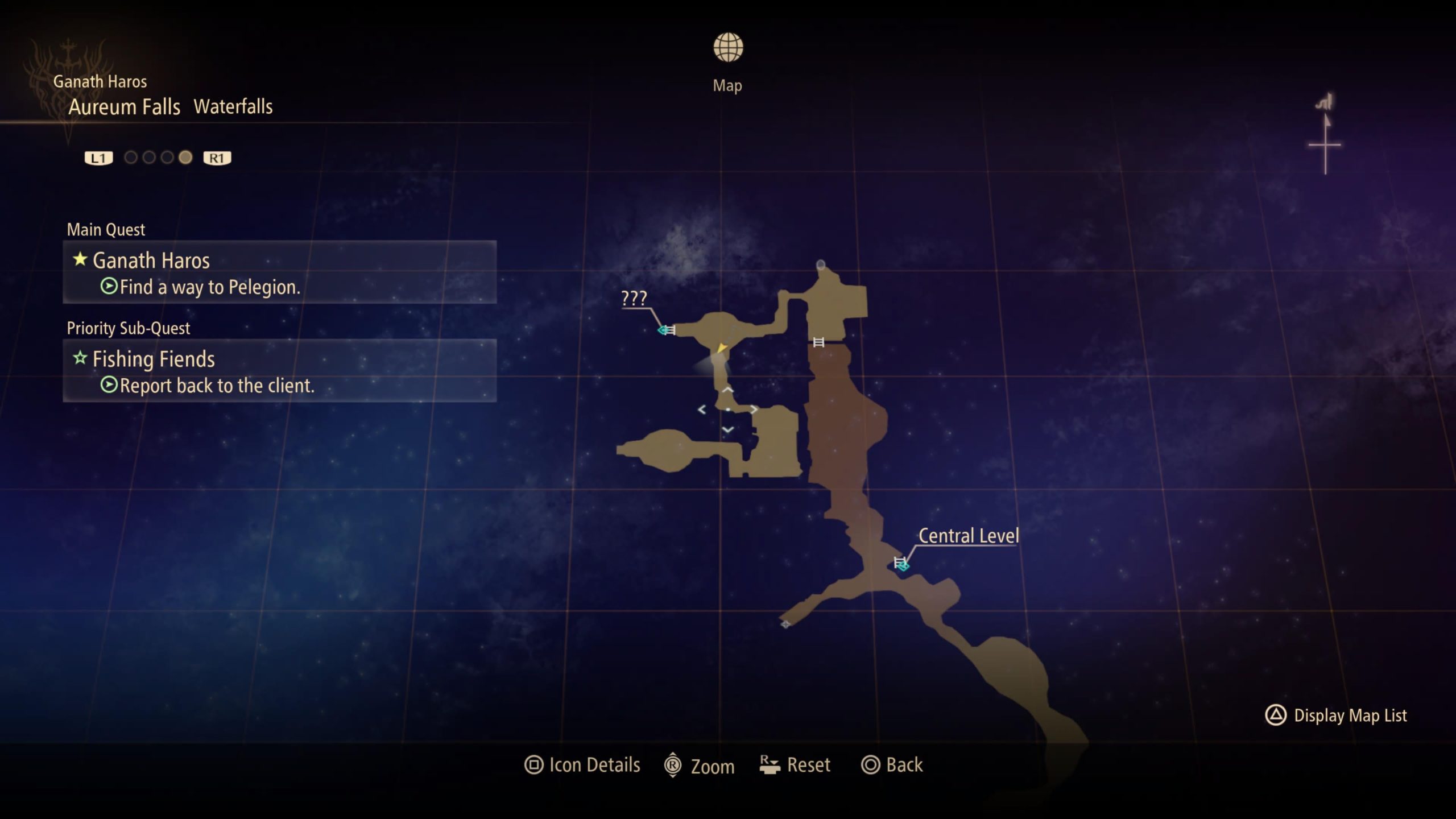 The blue icon accompanied by question marks is where you need to go. The circular chamber due south is where treasure lives. (Screenshot: Bandai Namco / Kotaku)