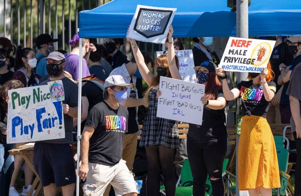 Activision Blizzard employees held a walkout at Blizzard's Irvine campus to protest inequities on July 28, 2021. (Photo: David McNew, Getty Images)