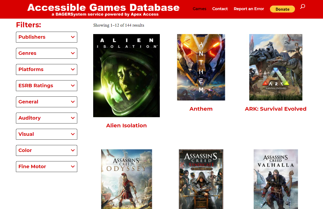 The database's filters allow users to search games by their ratings, genre, and accessibility features.  (Screenshot: Kotaku / DAGERSystem)