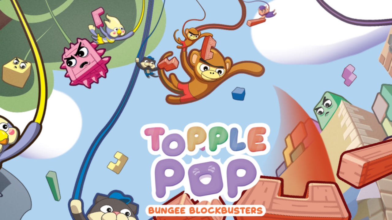 A monkey hangs from the ceiling with the TopplePOP logo below him