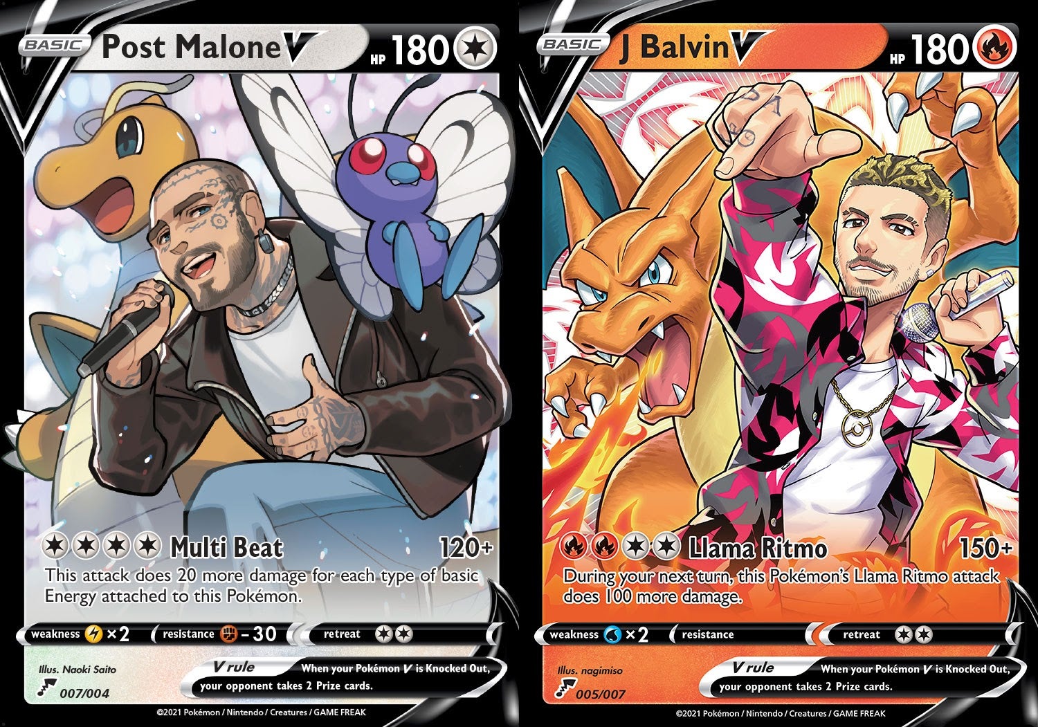 Post Malone and friends alongside my new favourite Charizard card.  (Image: The Pokémon Company)