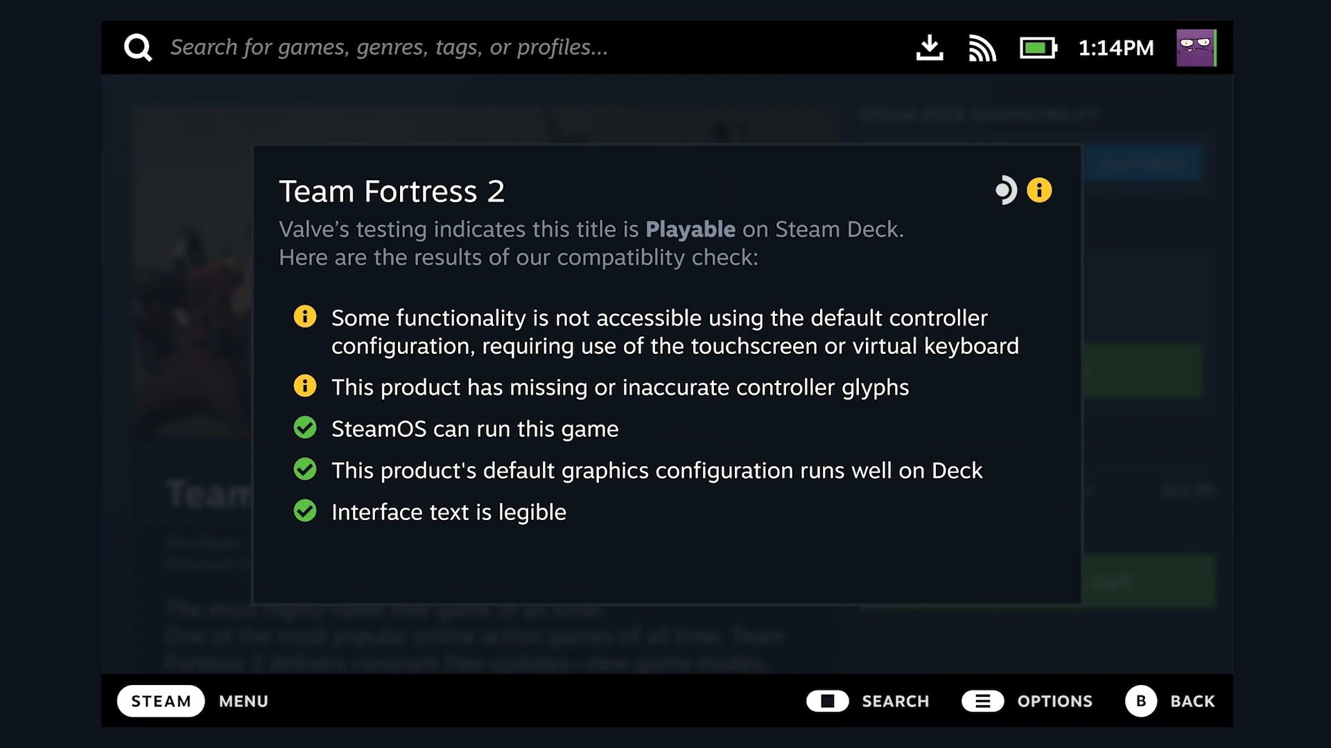 Users can click the information tab on a game to get more details on its compatibility on the Steam Deck.  (Screenshot: Kotaku / Valve)