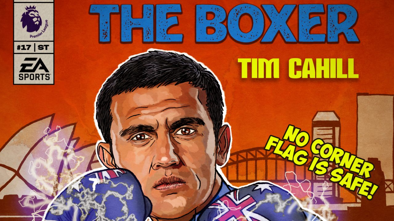 Tim Cahill's face is joined by some boxing gloves below large text that says The Boxer. Elsewhere, text says no flag is safe.