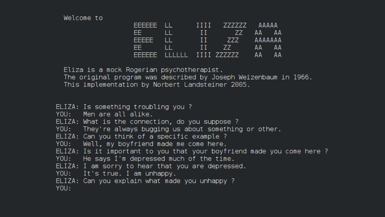 Large text across the top of a computer screen reads ELIZA with a conversation below it about how the user is feeling