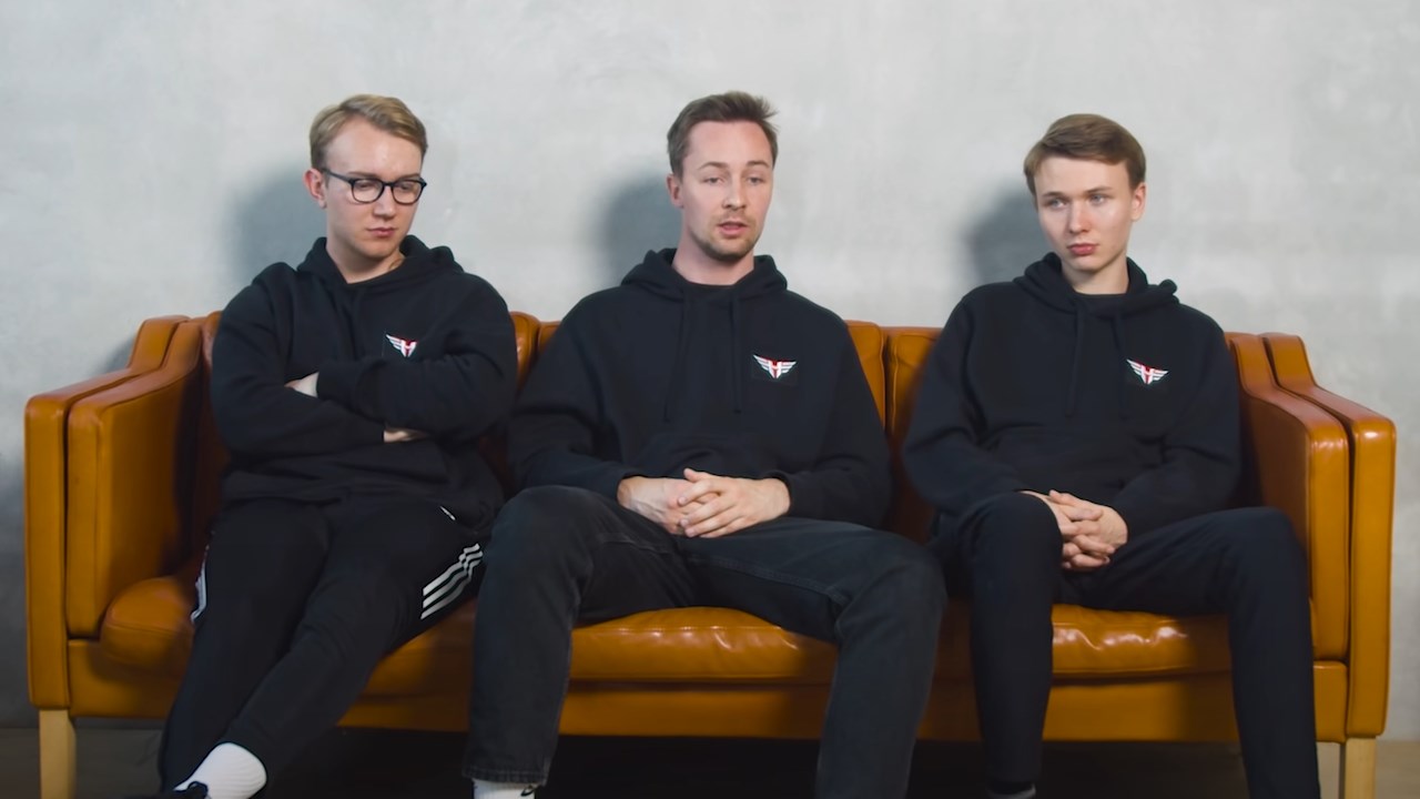 TeSeS, Cadian, and stavn sit on a couch with sombre expressions