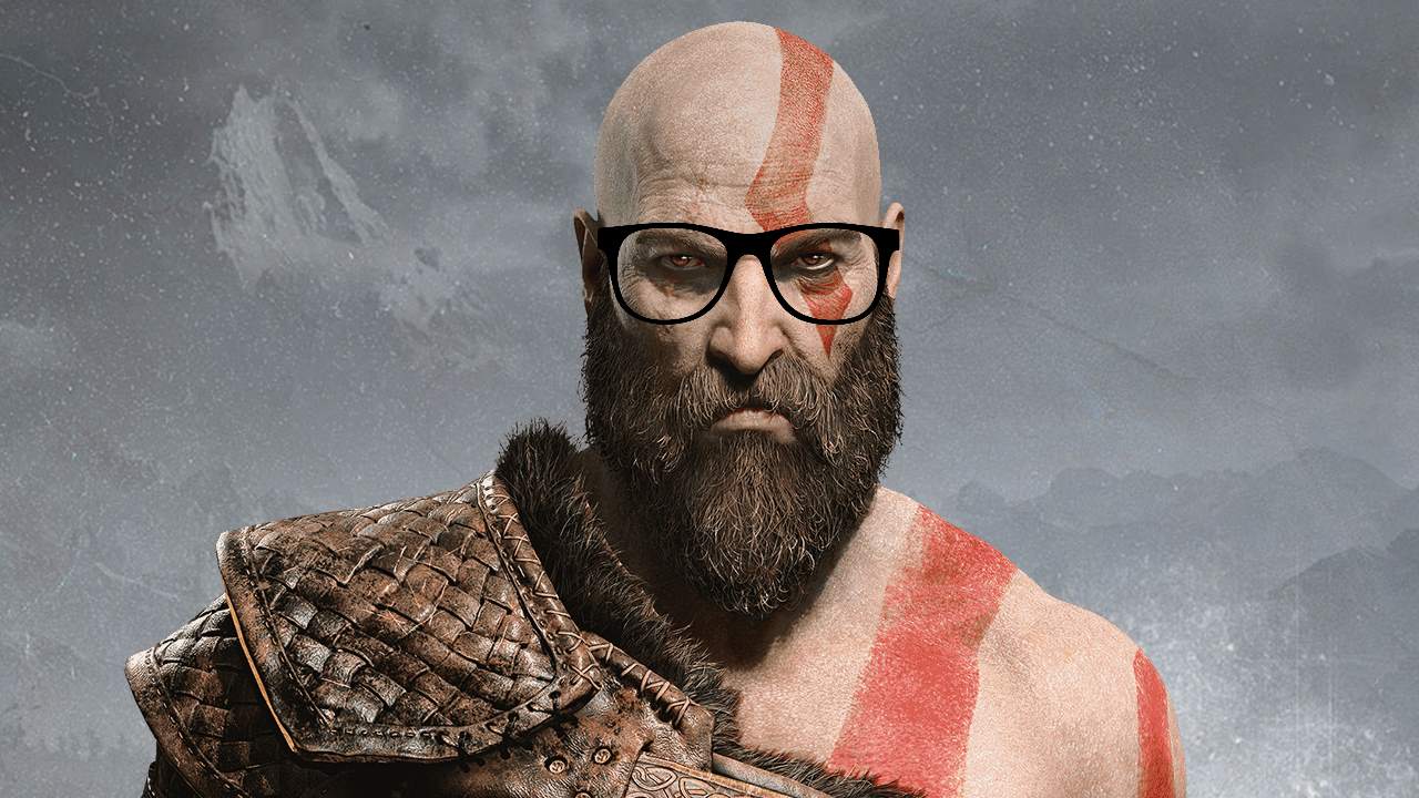 Kratos from God of War stares at the camera with glasses on