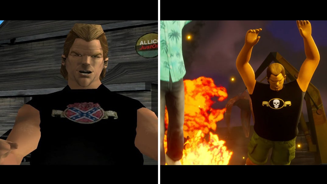 Phil Cassidy in the original version of GTA: Vice City (left) compared to how he appears in the remaster (right).  (Screenshot: Rockstar / Kotaku)