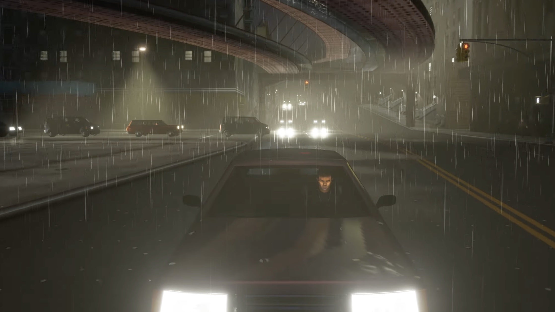 Confirmed: Driving around in the rain is still a thing in the Definitive Edition of GTA III. (Image: Rockstar Games /  Kotaku)